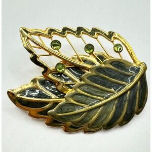 Vintage KC Kenneth Cole Brooch Pin Gold Tone Green Enamel Rhinestones Leaves